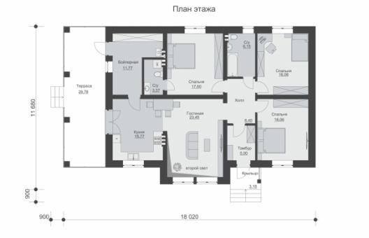 Одноэтажный жилой дом с террасой и вторым светом
