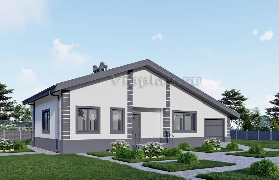 Одноэтажный дом с двумя спальнями, террасой и отделкой штукатуркой.